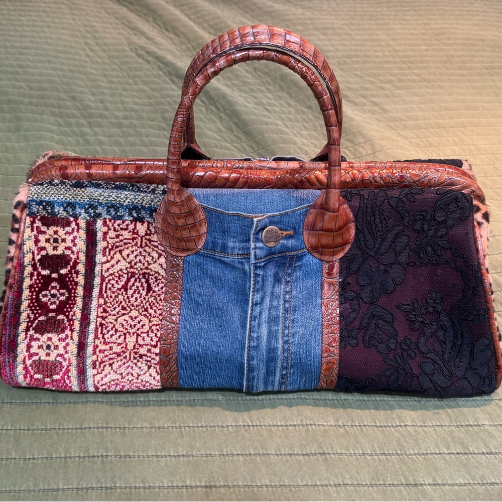 Patchwork Denim and Fabric Handbag with Brown Faux-Croc Handles